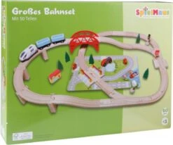 Holzeisenbahn Set 50 Teile Mit Zug, Brücke, Weichen Und Mehr